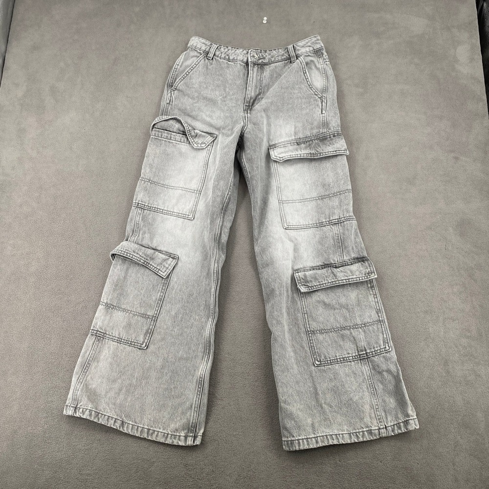 HM Divided Gray Wide Leg Cargo Jeans Washed Denim Utility Pants Sz 4
